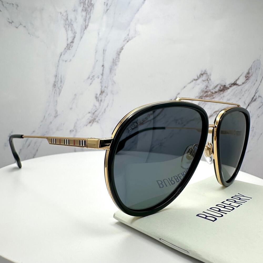 New Burberry Sunglasses Polarized Gold Black Check Arms Aviator Pilot Metal - Picture 8 of 16